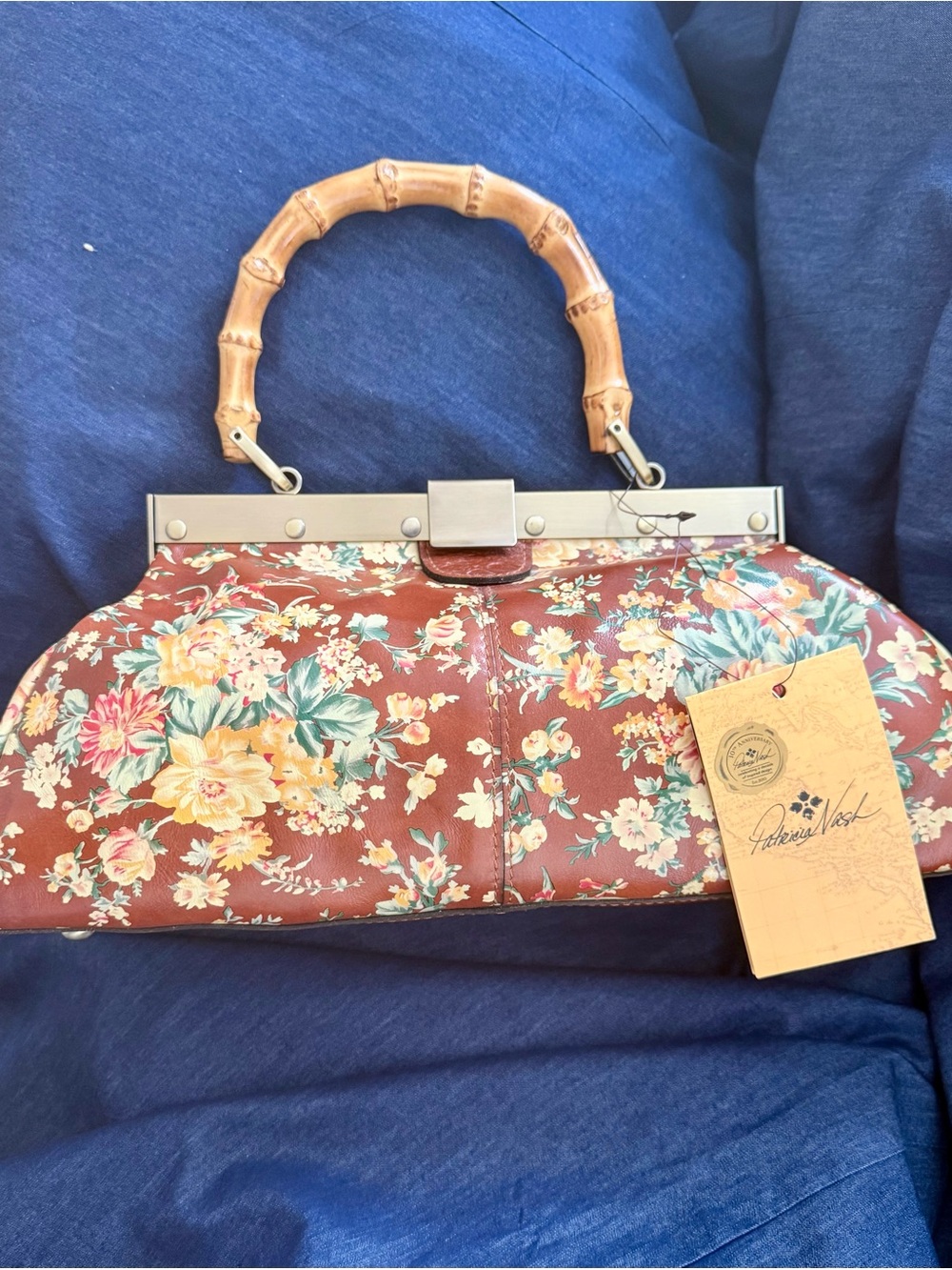 Patricia Nash Brown Floral Bamboo-Handle Frame Clutch